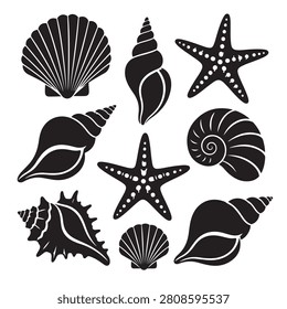 Set of different black sea shells and starfish vector illustration