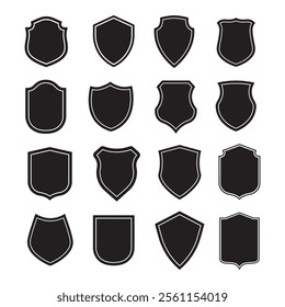 A set of different black shields on white background