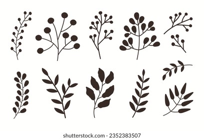 Set of different black silhouette branches with leaves, rowan berries isolated on a white background. Vector illustration