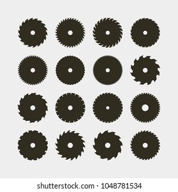 set of different black silhouettes of circular saw blades. sawmill design elements for logotypes and emblems. vector illustration