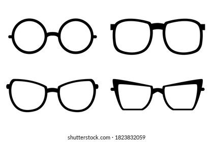 Set of different black silhouettes of glasses. Sun protection and optical instruments. Vector element for logos, icons and your design.