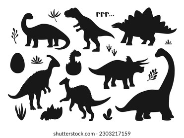 Set of different black silhouettes of various dinosaurs. Funny prehistoric wild animals. Hand drawn vector illustration isolated on white background, modern flat style.