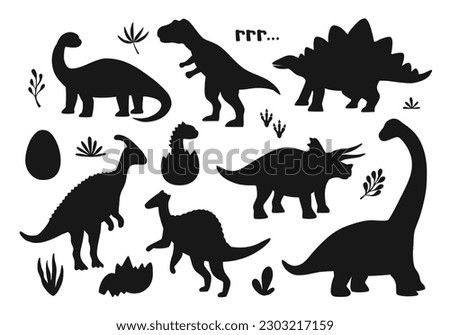 Set of different black silhouettes of various dinosaurs. Funny prehistoric wild animals. Hand drawn vector illustration isolated on white background, modern flat style.