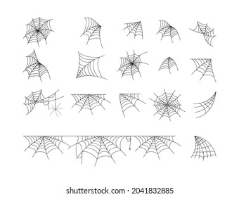 Set of different black spider webs isolated on white background. Vector illustration, flat minimal linear design, eps 10. Concept: Halloween decoration.
