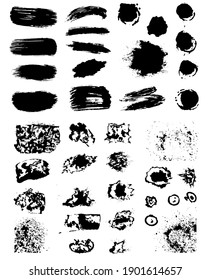 Set of different black splash, collection brush strokes.  Dirty artistic design elements, boxes, frames. Vector.