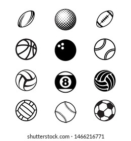 Set of different black sport balls isolated on white background