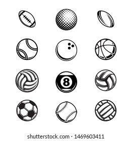 Set of different black sport balls isolated on white background