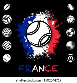 Set of different black sport balls with grunge france flag isolated on back background