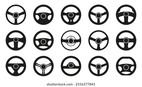 Set of different black steering wheel icon on a white background