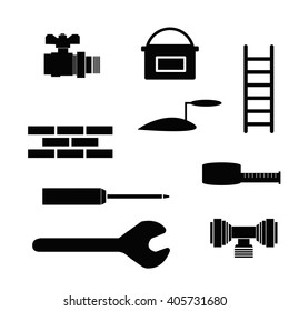 set of different black symbols of  tools for construction.