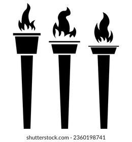 Set of different black torch icons with fire