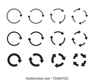 Set of different black vector arrows refresh, reload and process. Usable graphic elements and icons for the internet. Round arrows and isolated vector graphics.