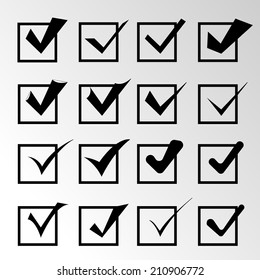 Set of different black vector check marks or ticks in. Can also represent approval right choice, positive passed, voting  