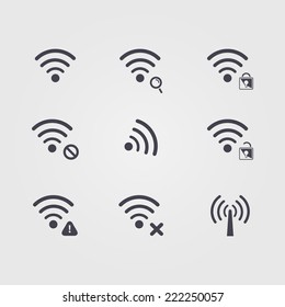 Set of  different black vector  wifi and wireless icons for communicate using radio waves, remote access, wireless