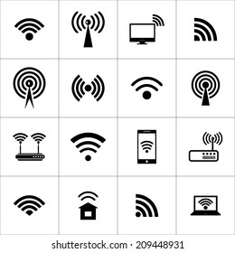 Set of different black vector wireless and wifi icons for remote access and communication via radio waves. Vector illustration.
