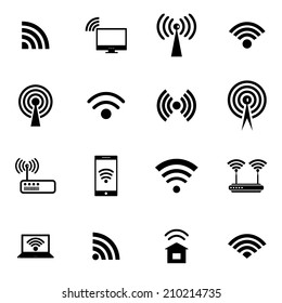 Set of different black vector wireless and wifi icons for remote access and communication via radio waves. Vector illustration.