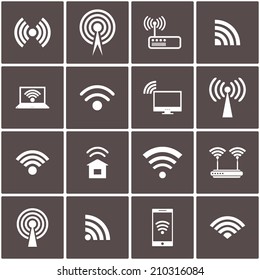 Set of different black vector wireless and wifi icons for remote access and communication via radio waves. Vector illustration.