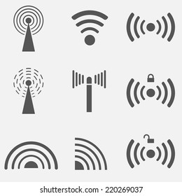 Set of different black vector wireless and wifi icons. EPS10 illustration.