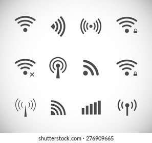 Set of different black vector wireless and wifi icons for remote access and communication via radio waves