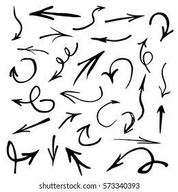 Set with different black watercolor arrows. Hand drawn illustration, vector elements 