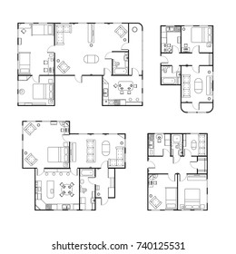 Set of different black and white house floor plans with interior details isolated on white