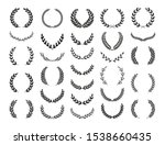 Set of different black and white silhouette circular laurel foliate, wheat and olive wreaths depicting an award, achievement, heraldry, nobility, emblem. Vector illustration.