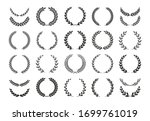 Set of different black and white silhouette round laurel foliate and wheat wreaths depicting an award, achievement, heraldry, nobility, emblem, logo. Vector illustration.
