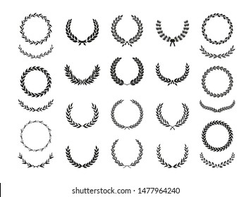 Set of different black and white silhouette circular laurel foliate, wheat, oak and olive wreaths depicting an award, achievement, heraldry, nobility, emblem. Vector illustration.