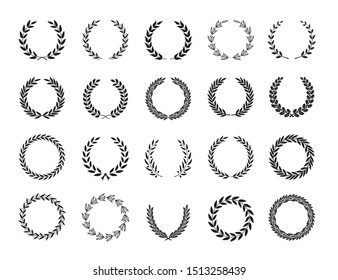 Set of different black and white silhouette circular laurel foliate, oak and olive wreaths depicting an award, achievement, heraldry, nobility, emblem. Vector illustration.