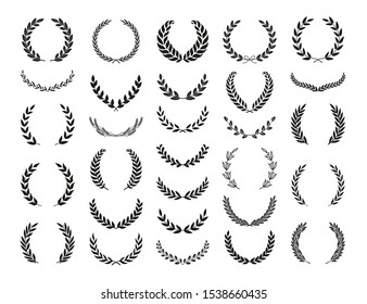 Set of different black and white silhouette circular laurel foliate, wheat and olive wreaths depicting an award, achievement, heraldry, nobility, emblem. Vector illustration.
