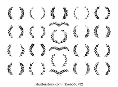 Set of different black and white silhouette round laurel foliate and olive wreaths depicting an award, achievement, heraldry, nobility, emblem. Vector illustration.