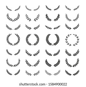 Set of different black and white silhouette round laurel foliate, oak and olive wreaths depicting an award, achievement, heraldry, nobility, emblem. Vector illustration.