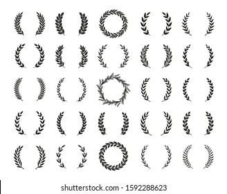 Set of different black and white silhouette round laurel foliate, wheat, oak and olive wreaths depicting an award, achievement, heraldry, nobility, emblem. Vector illustration.