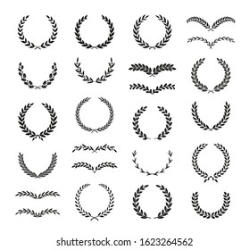 Set of different black and white silhouette round laurel foliate, oak and olive wreaths depicting an award, achievement, heraldry, nobility, emblem. Vector illustration.