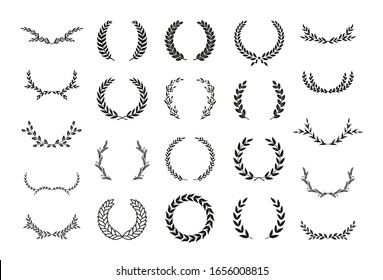 Set of different black and white silhouette laurel foliate, wheat and olive wreaths depicting an award, achievement, heraldry, nobility, emblem. Vector illustration.