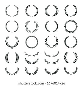 Set of different black and white silhouette round laurel foliate, wheat, oak and olive wreaths depicting an award, achievement, heraldry, nobility, emblem. Vector illustration.