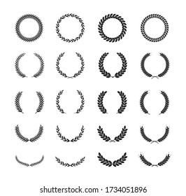 Set of different black and white silhouette laurel foliate and wheat wreaths depicting an award, achievement, heraldry, nobility, logo, emblem. Vector illustration.