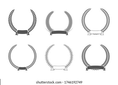 Set of different black and white silhouette circular laurel foliate. Template for award, achievement, heraldry, nobility. Vector illustration.