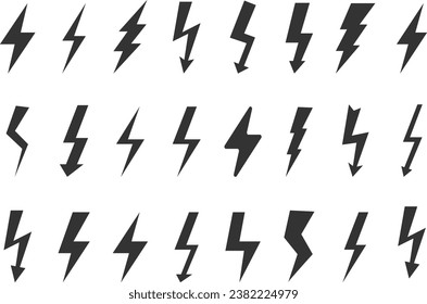 Set of different black and white silhouette lightning icons isolated on white backgraund. Vector illustration. 