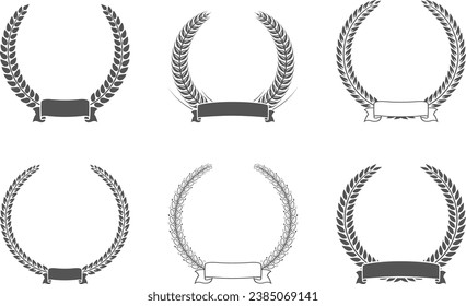 Set of different black and white silhouette circular laurel foliate. Template for award, achievement, heraldry, nobility. Vector illustration.