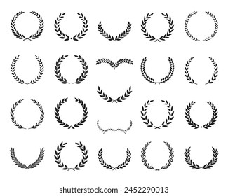 Set of different black and white silhouette laurel foliate and olive wreaths depicting an award, achievement, heraldry, nobility, emblem. Vector illustration.