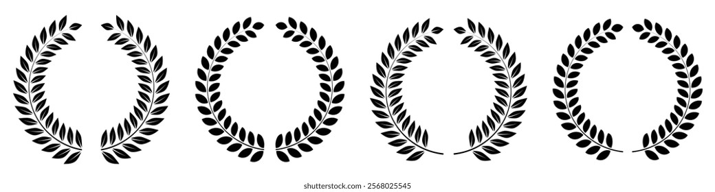 Set of different black and white silhouette round laurel foliate and wheat wreaths. Laurels wreaths, swirls, twigs and flower ornaments. Herbs, flowers and plants elements. Vector Illustration.