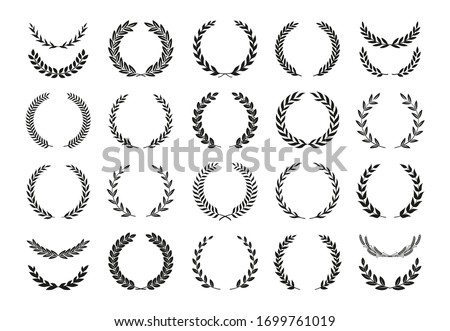 Set of different black and white silhouette round laurel foliate and wheat wreaths depicting an award, achievement, heraldry, nobility, emblem, logo. Vector illustration. Сток-фото © 
