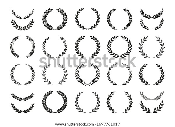 Set of different black\
and white silhouette round laurel foliate and wheat wreaths\
depicting an award, achievement, heraldry, nobility, emblem, logo.\
Vector illustration.