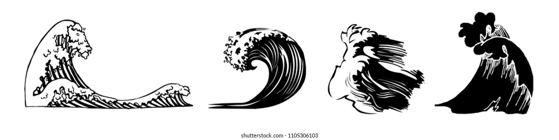 Set of different black and white waves isolated on white background