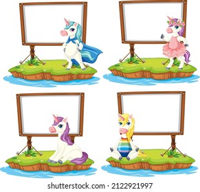 Set of different blank banners with unicorns illustration