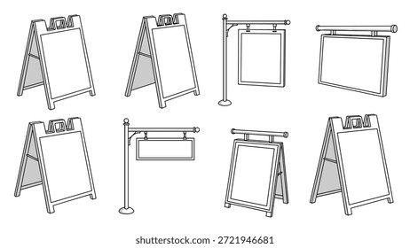 Conjunto de diferentes tableros de sándwich de acera en blanco e iconos de letreros de tienda colgantes para marketing comercial y publicidad.