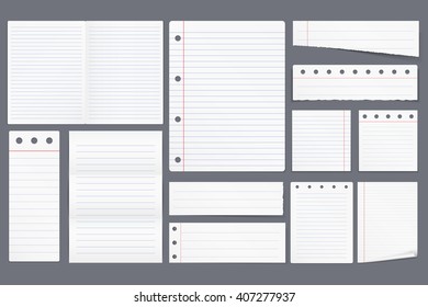 Set of different blank white lined paper, notebook lined paper, horizontal and vertical lined paper sheets, vector eps10 illustration