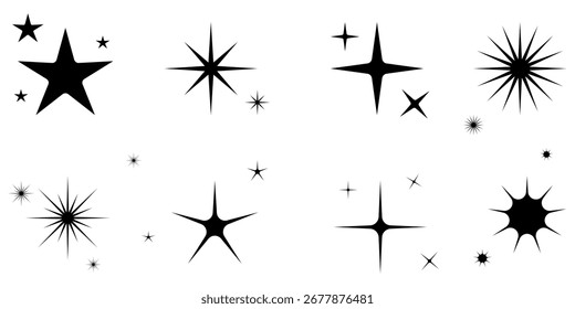 Conjunto de diferentes formas de estrelas intermitentes. Ilustração vetorial. 