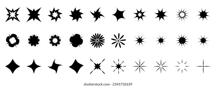 Set of different blinking symbols. Glitter icons made from stars. Symbols of flower and sun. Linear flare rays.